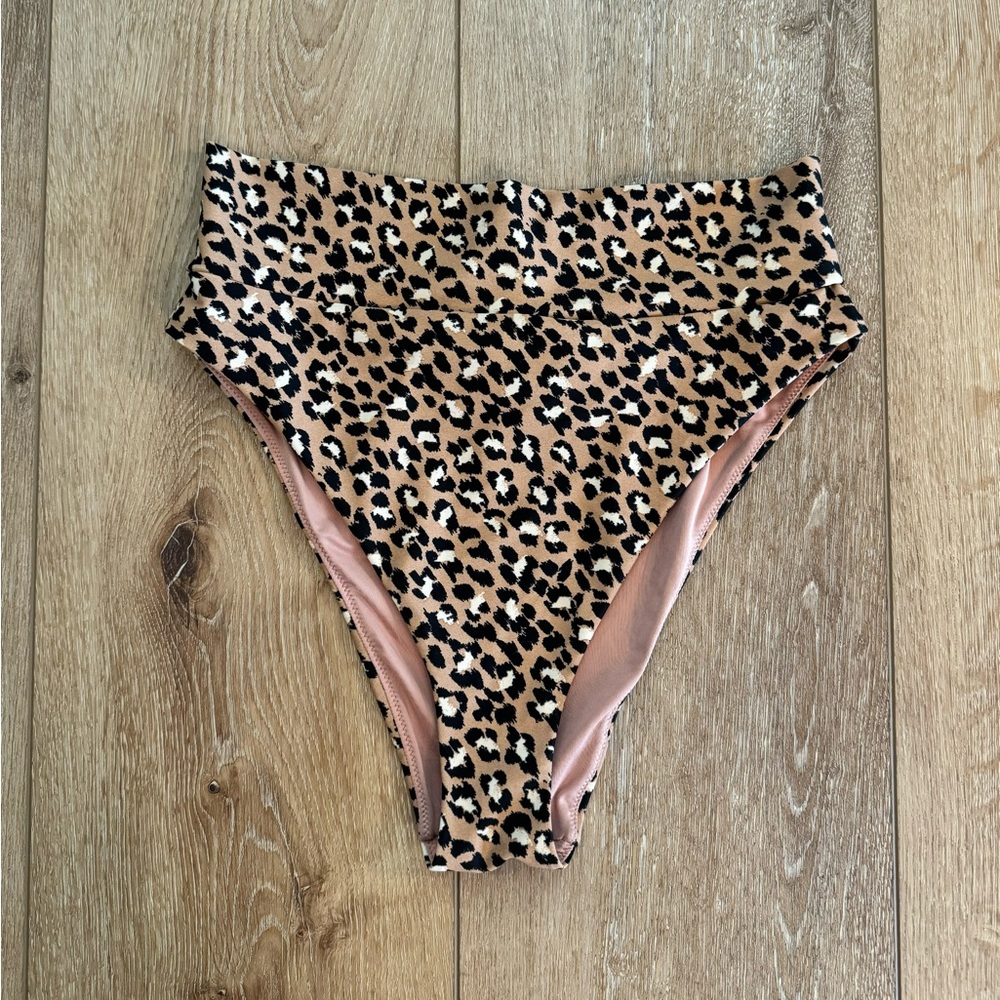 Aerie Leopard Print High-Waist Bikini Bottoms in Tan Black and White